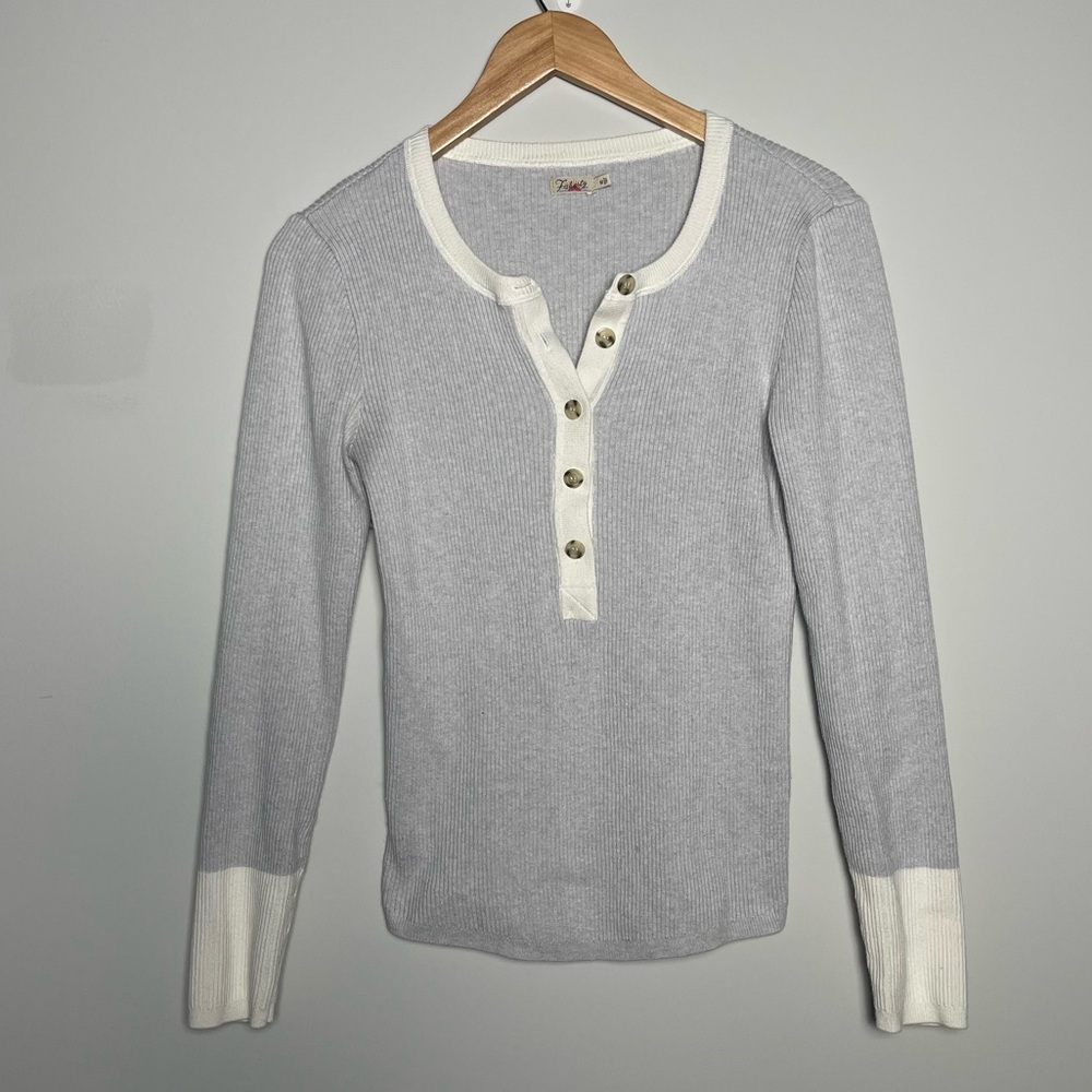 Faherty | Gray White Contrast Mikki Henley Sweater Cotton Cashmere Ribbed